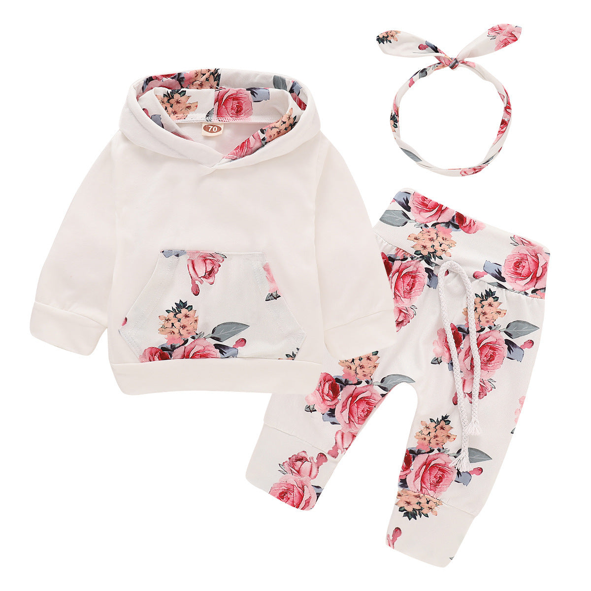 Baby Girl Infant Tracksuit Clothes Hooded Tops Floral Large Pocket Pants