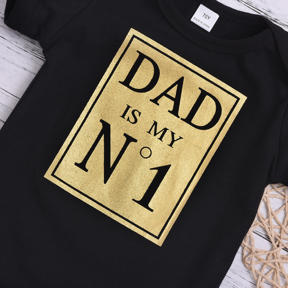 Gender-neutral Baby “DAD's NO.1” Jumpsuit Short Sleeve Casual Black Clothing